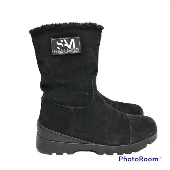 Sam Edelman Shoes - SAM EDELMAN Boots Women 8M/38 Fleece Lined Black Leather Mid Calf Pull On Wedge
